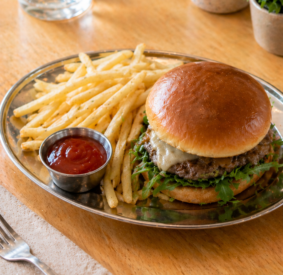 Burger with fries and ketchup on a metal tray on a wooden table.