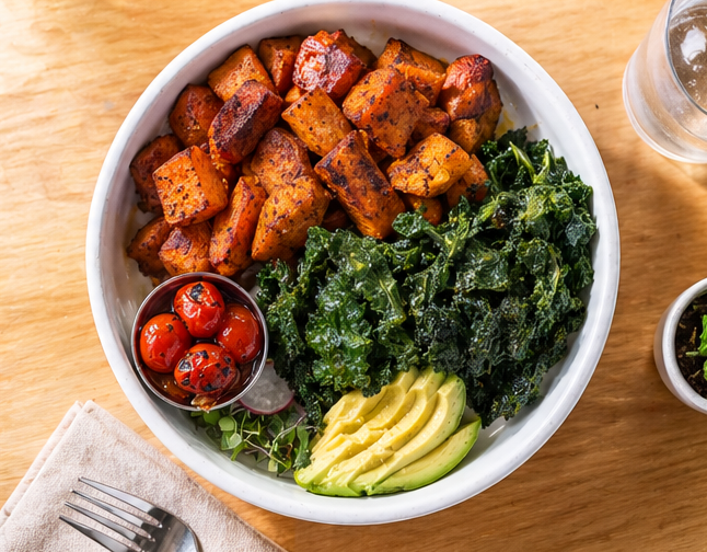 Bowl of roasted sweet potatoes, kale, avocado, and cherry tomatoes on a wooden table.
