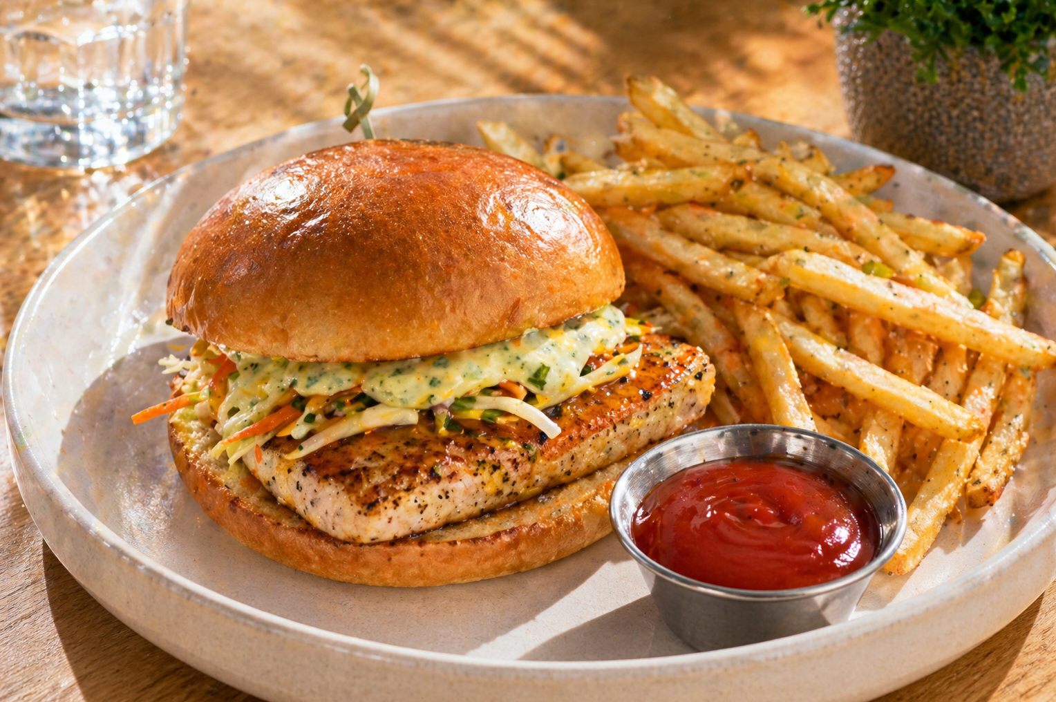 Burger with coleslaw and fries on a plate with ketchup, on a wooden table.